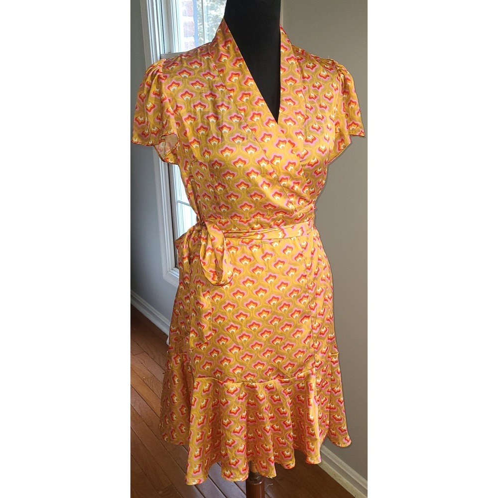 NWT JoFlower Jessica Gold Pink Retro Wrap Dress Sz Sm ($188) Prairie Cottage